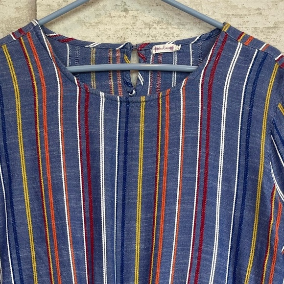 Tea Rose Vertical Stripe Blue Top Sz L Multicolor Stripes Hem Tie Boho Slimming - Picture 2 of 14